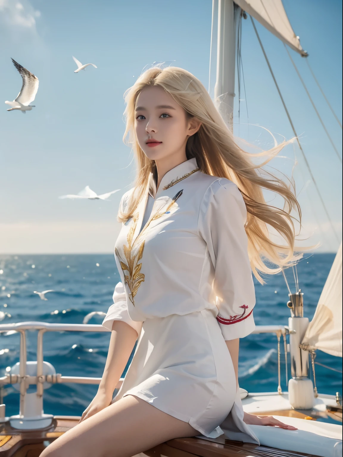 (((tmasterpiece, Best quality at best, k hd, high detal)))), ((((dream-like))), Yoon, (elf woman)))), (Short white dress embroidered with gold embroidery), (Blonde hair with long straight hair), (shiny dark green eyes), (Gold embroidered white ruffled shirt), bigger, (((On the deck of a sailing ship at sea)), (The vast sea))), (There are clouds visible in the sky)), (( Seagulls fly in the sky)), ssmile, (light wind), light particles flying，Long white legs