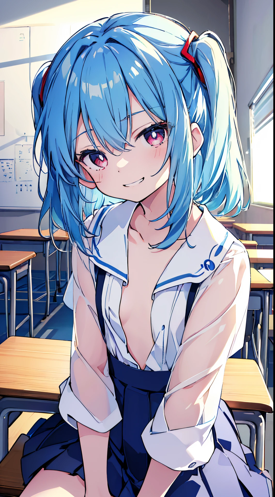 (8K、Top image quality、top-quality、​masterpiece)、1 li、Light blue hair、(Twin-tailed)、Red eyes、smirk grin、Smaller chest、white  shirt、(Open button)、(white bra)、shortsleeves、Dark blue pleated skirt、sit on desk、cowboy  shot、POV、Classroom Background