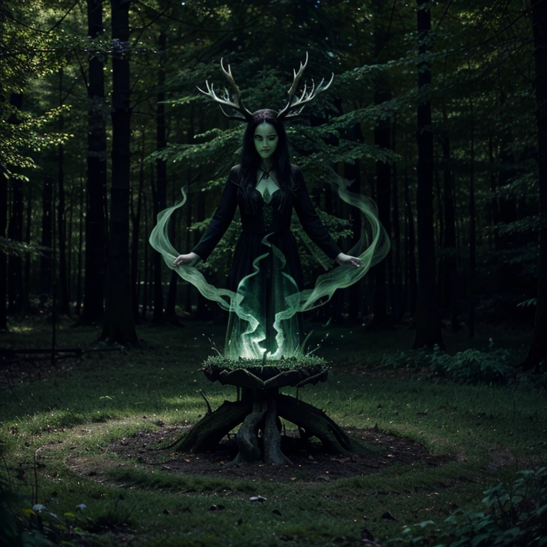 Green witch, portal, dark, spooky, spirit of the forest, fire, green mist, spell, summoning a spirit, magic, stag in mist