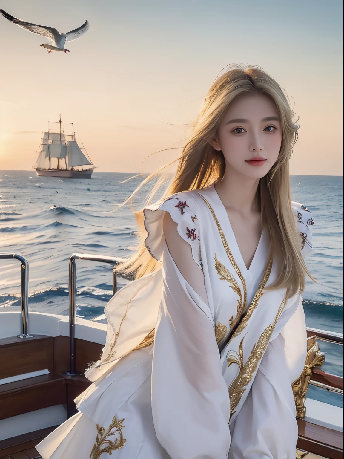 (((tmasterpiece, Best quality at best, k hd, high detal)))), ((((fanciful))), Youn, (elf woman)))), (Short white dress embroidered with gold embroidery), (Blonde hair with long straight hair), (Shiny dark green eyes), (Gold embroidered white ruffled shirt), bigger, (((On the deck of a sailing ship at sea)), (The vast sea))), (There are clouds visible in the sky)), (( Seagulls fly in the sky)), ssmile, (light wind), light particles flying