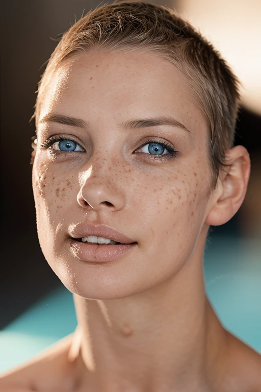 beautiful lady, (freckles), big smile, blue eyes, buzzcut hair, dark makeup, hyperdetailed photography, soft light, head and shoulders portrait, cover, 32k hdr,