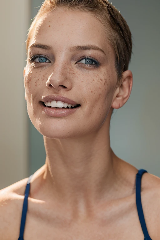 beautiful lady, (freckles), big smile, blue eyes, buzzcut hair, dark makeup, hyperdetailed photography, soft light, head and shoulders portrait, cover, 32k hdr,