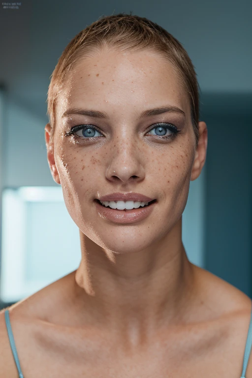 beautiful lady, (freckles), big smile, blue eyes, buzzcut hair, dark makeup, hyperdetailed photography, soft light, head and shoulders portrait, cover, 32k hdr,