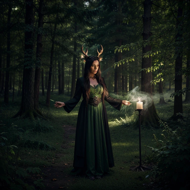 Green witch, portal, dark, spooky, spirit of the forest, fire, green mist, spell, summoning a spirit, magic, stag in mist, cernonos