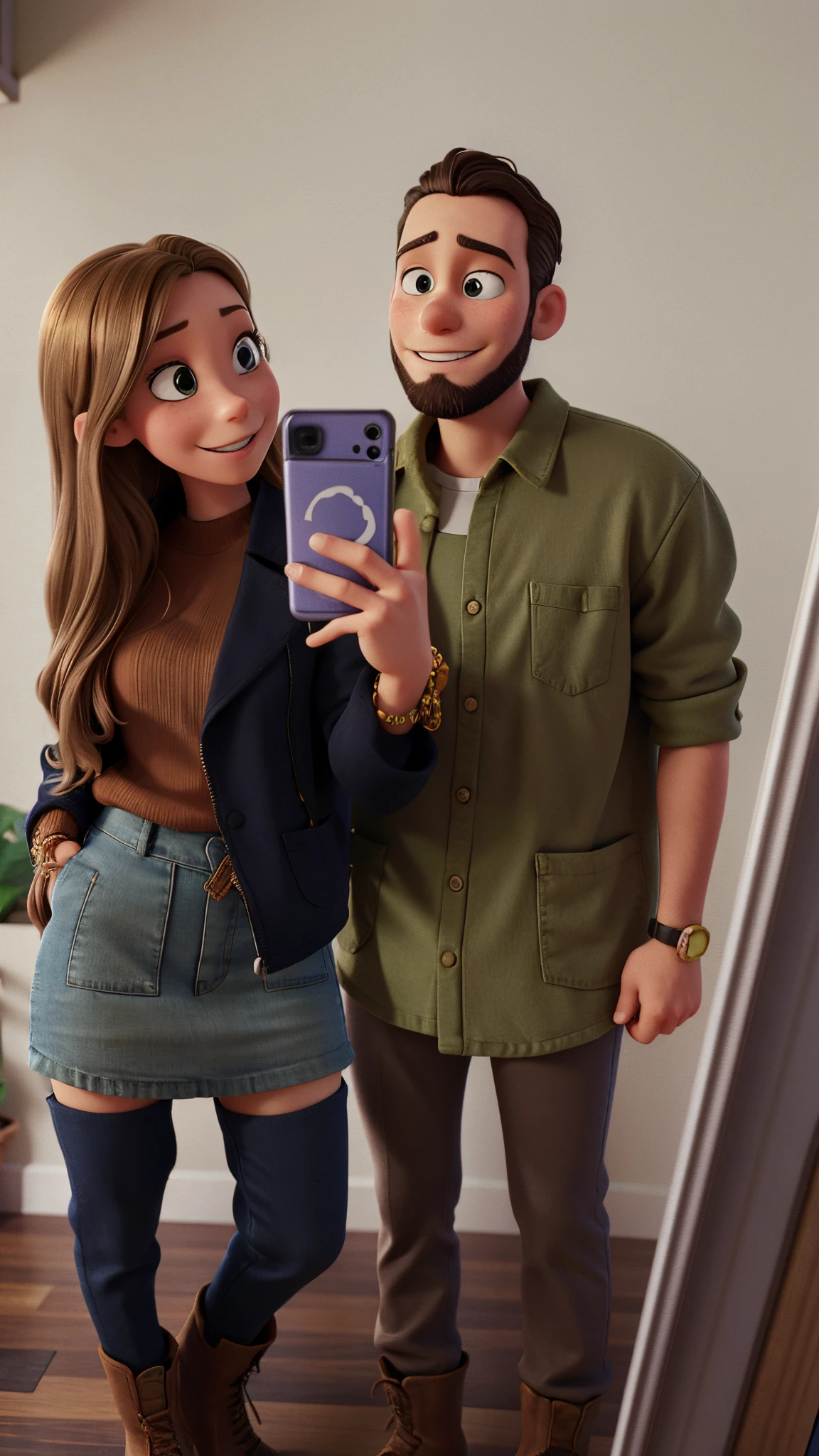 This is a realistic illustration of two friends posing for a selfie in their cozy apartment.
The friends have their faces blurred out for privacy reasons.
The friend on the left is rocking a chic outfit with a black jacket, a beige skirt, and black boots.
The friend on the right is sporting a casual look with a green shirt and brown pants.
The friend on the left is holding a phone and capturing their happy moment in the mirror.
The apartment has a minimalist vibe with a white wall and a wooden floor. Brown long wavy hair for woman