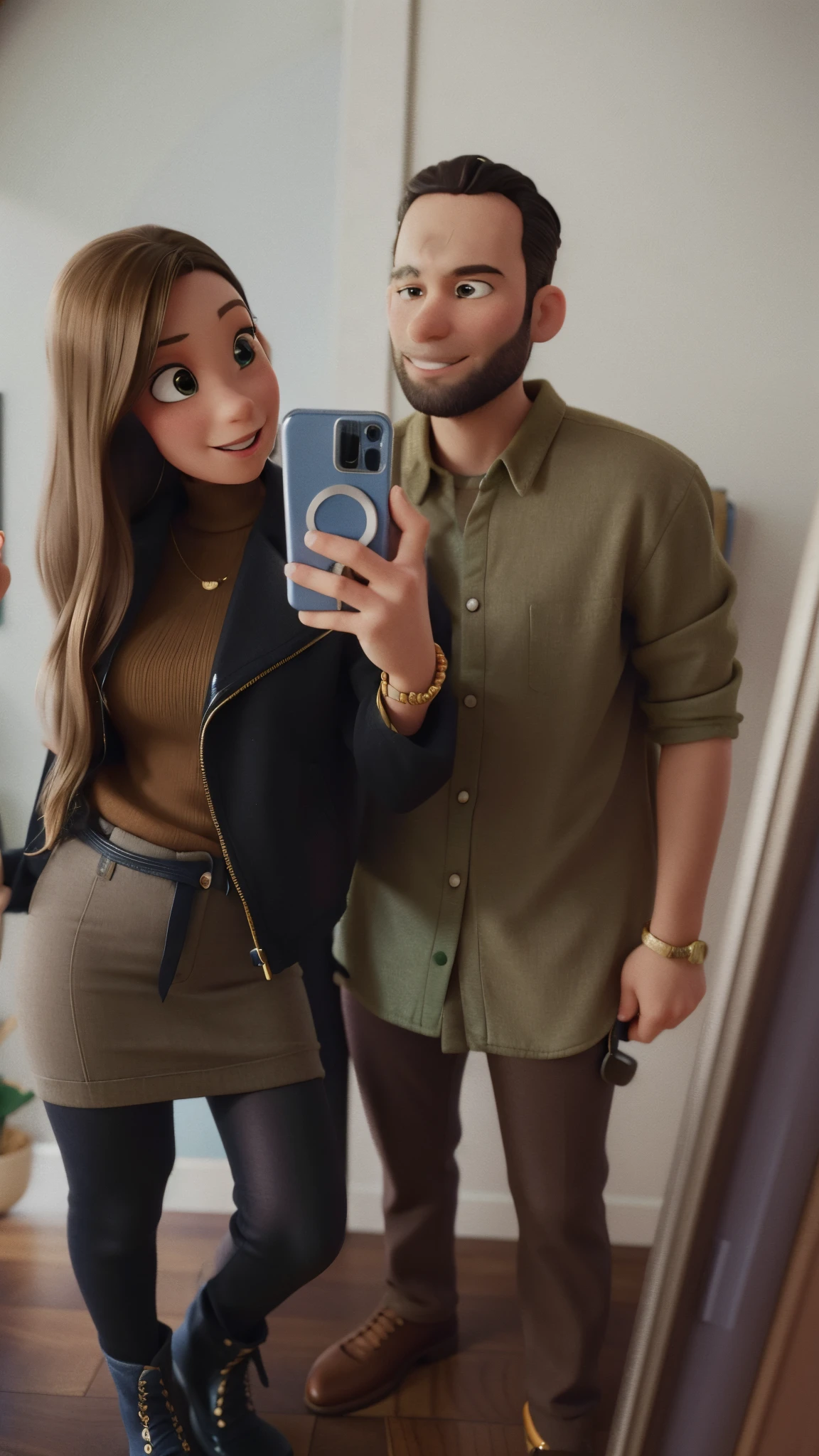 This is a realistic illustration of two friends posing for a selfie in their cozy apartment.
The friends have their faces blurred out for privacy reasons.
The friend on the left is rocking a chic outfit with a black jacket, a beige skirt, black stockings, and black boots.
The friend on the right is sporting a casual look with a green shirt and brown pants.
The friend on the left is holding a phone and capturing their happy moment in the mirror.
The apartment has a minimalist vibe with a white wall and a wooden floor. Brown long wavy hair for woman
