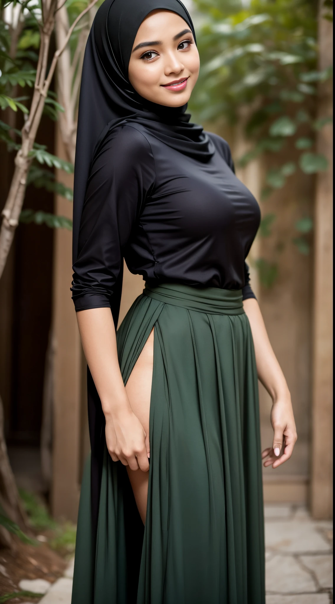 RAW, Best quality, high resolution, masterpiece: 1.3), beautiful Malay woman in hijab (iu:0.8), perfect nose, perfect lips, beautiful face, perfect eyes, detail :1.2),((big breasts)), masterpiece, quality best, very detailed,perfect body, woman in black skirt and green blouse, long skirt, simple dress, hijab, beautiful look, simple flowing dress, pleated skirt, simple style, long dress woman, wearing a long eloquent skirt, full body image, wearing a long cloth flowing, black skirt, (sweet smile:1.1), (glossy lips:1.1), (beautiful eyes:1.1),big round buttocks, from behind, (looking at the audience, looking back, facial details, double eyelids, smiling) background of the old building in the forest, covered in mouth, (close up)