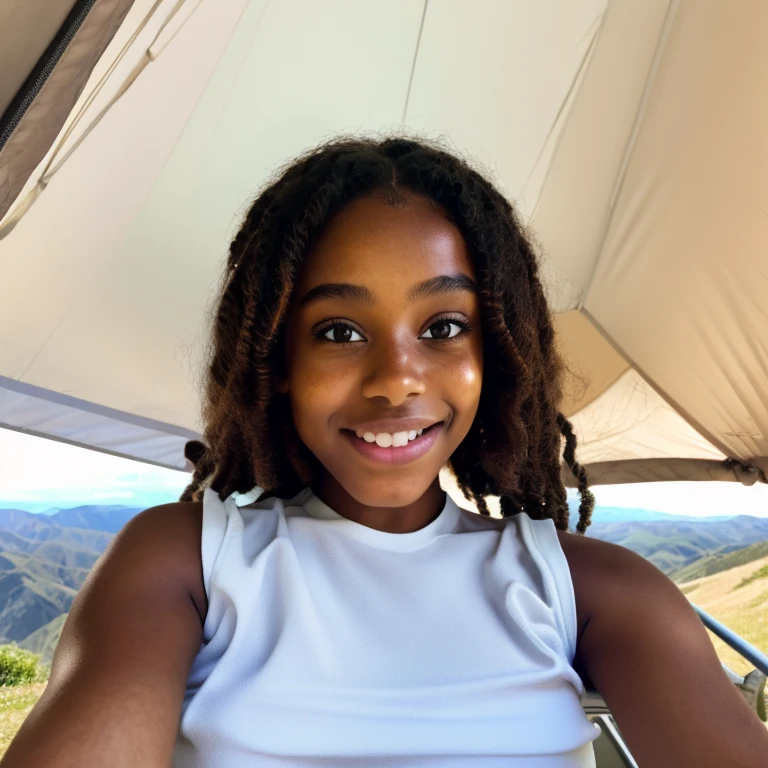Beautiful brown girl with breathtaking smile camping on cloudy day，She takes a selfie from the top，She's having（（detailed skin textures）），realistic skin textures，（（big brown eyes））and cute lips，Petite girl wearing glamping outfit