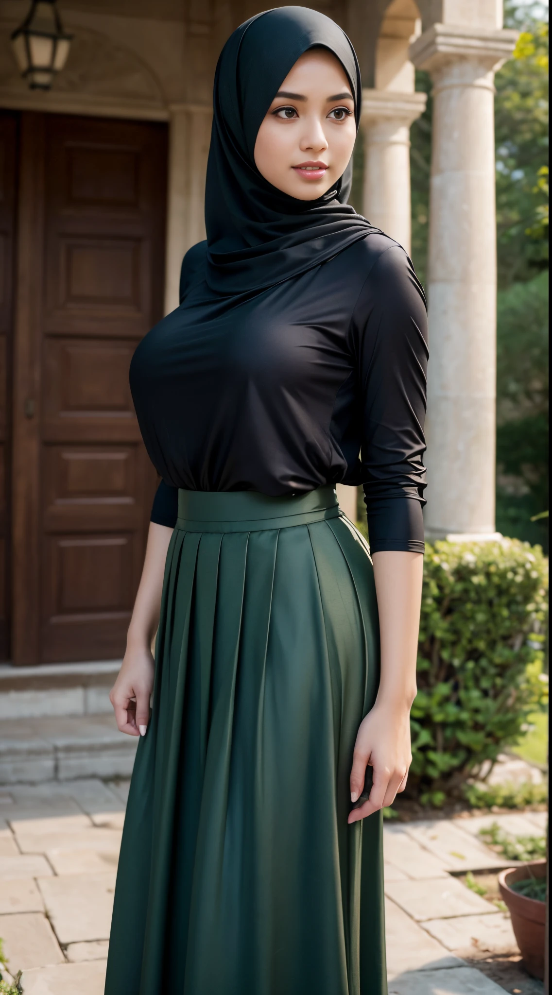 RAW, Best quality, high resolution, masterpiece: 1.3), beautiful Malay woman in hijab (iu:0.8), perfect nose, perfect lips, beautiful face, perfect eyes, detail :1.2),((big breasts)), masterpiece, quality best, very detailed,perfect body, woman in black skirt and green blouse, long skirt, simple dress, hijab, beautiful look, simple flowing dress, pleated skirt, simple style, long dress woman, wearing a long eloquent skirt, full body image, wearing a long cloth flowing, black skirt, (sweet smile:1.1), (glossy lips:1.1), (beautiful eyes:1.1), background of the old building in the garden flower, covered in mouth, (close up)