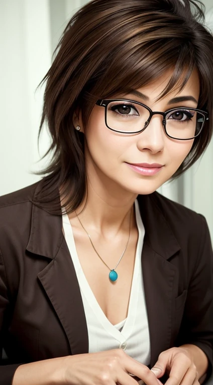 a  photo of a, Film grain, photo paper texture, tmasterpiece; Beautiful middle-aged woman (age 38), brown-eyed, wear glasses with lenses, beautiful proportional round face, round cheeks, Round chin, beautiful proportional small wide nose, Cute humble smile, realistic DARK BROWN eyes, long eyelashes, Tired look, medium length brown tousled hair (80s punk hairstyle) , beautiful proportional figure, proportionate small toned body, beautiful very small breasts, in a lab coat preparing medications at the pharmacy, high quality textures, higly detailed, realistic human skin texture (pores, Mimic folds, wrinkles), high quality of facial drawing, neon lighting, laboratory, A lot of small details of the environment, intricate detials, sharp-focus