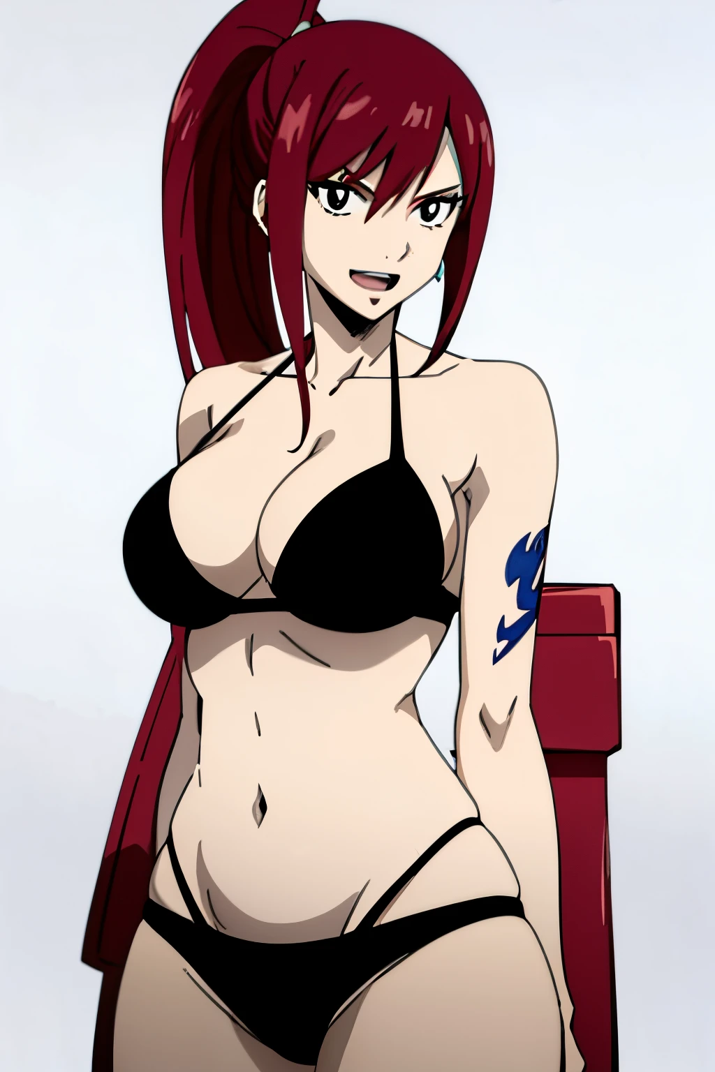 ((white color background)), perfect anatomy, cowboy shot, 4k, very high color saturation, standing, bold drawing lines, ultra detailed body and face, perfect body proportions, highest quality, 1girl, solo, ((white color background)), thick arms , looking at viewer, smile, ERZASCARLET, BARE SHOULDERS, big breasts, off-shoulders, black bikini , tight bikini, tall girl, ponytail, (shiny hair), detailed red hair, serious, open mouth, big eyes, groin, long belly, wide shoulders, tattoo on left shoulder