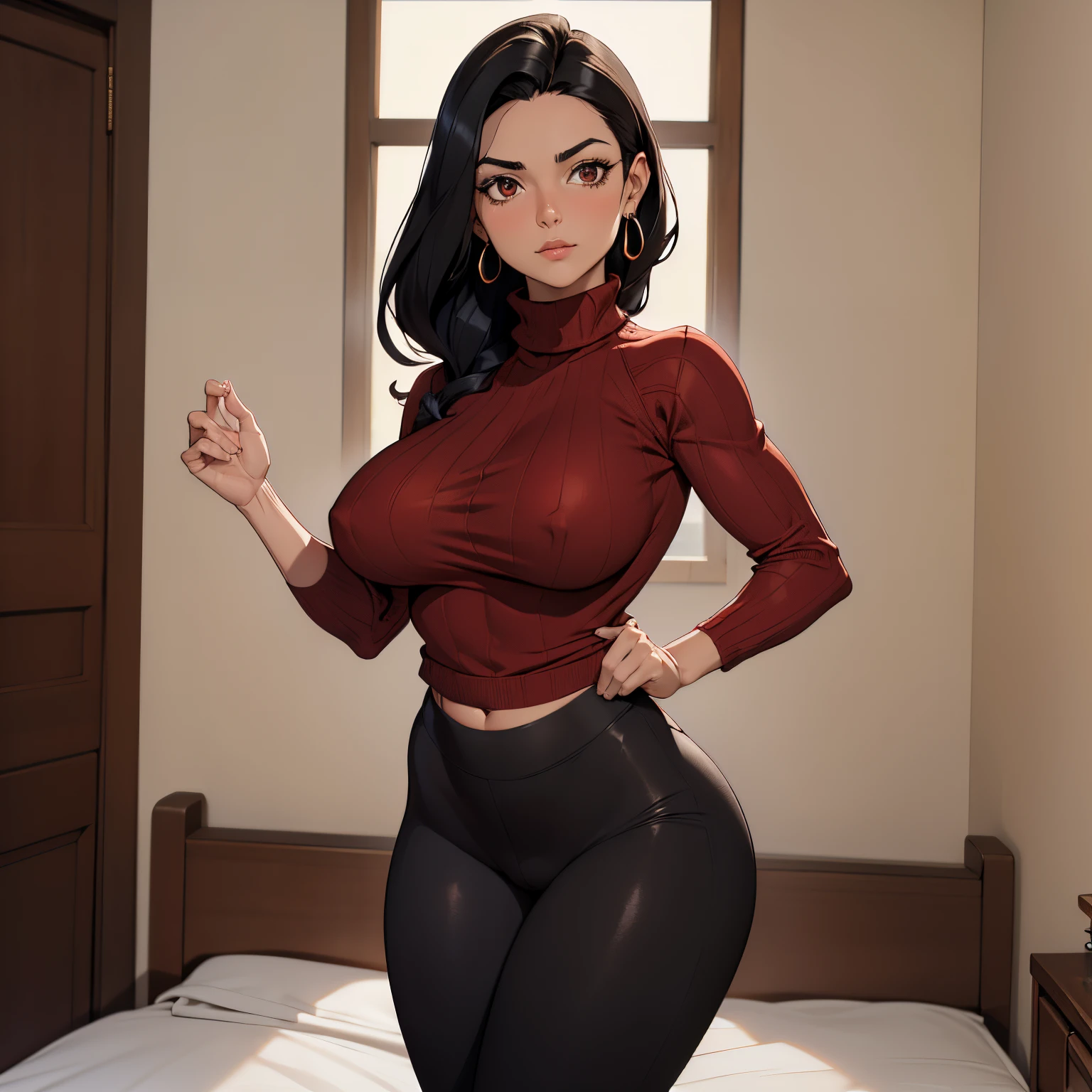 1mulher madura, 25 anos, ((rosto perfeito e detalhado)) (black hair with red), ((wearing a sweater and lycra pants)), morena, middlebreasts, cintura fina, barriga a mostra definida,(corpo perfeito, curvineo e definido), ((coxas grossas musculosas)), standing dynamic pose, full view, obra prima, melhor qualidade, ((riqueza em detalhes, 8k definition)), (((corpo inteiro))), (perfect hands)