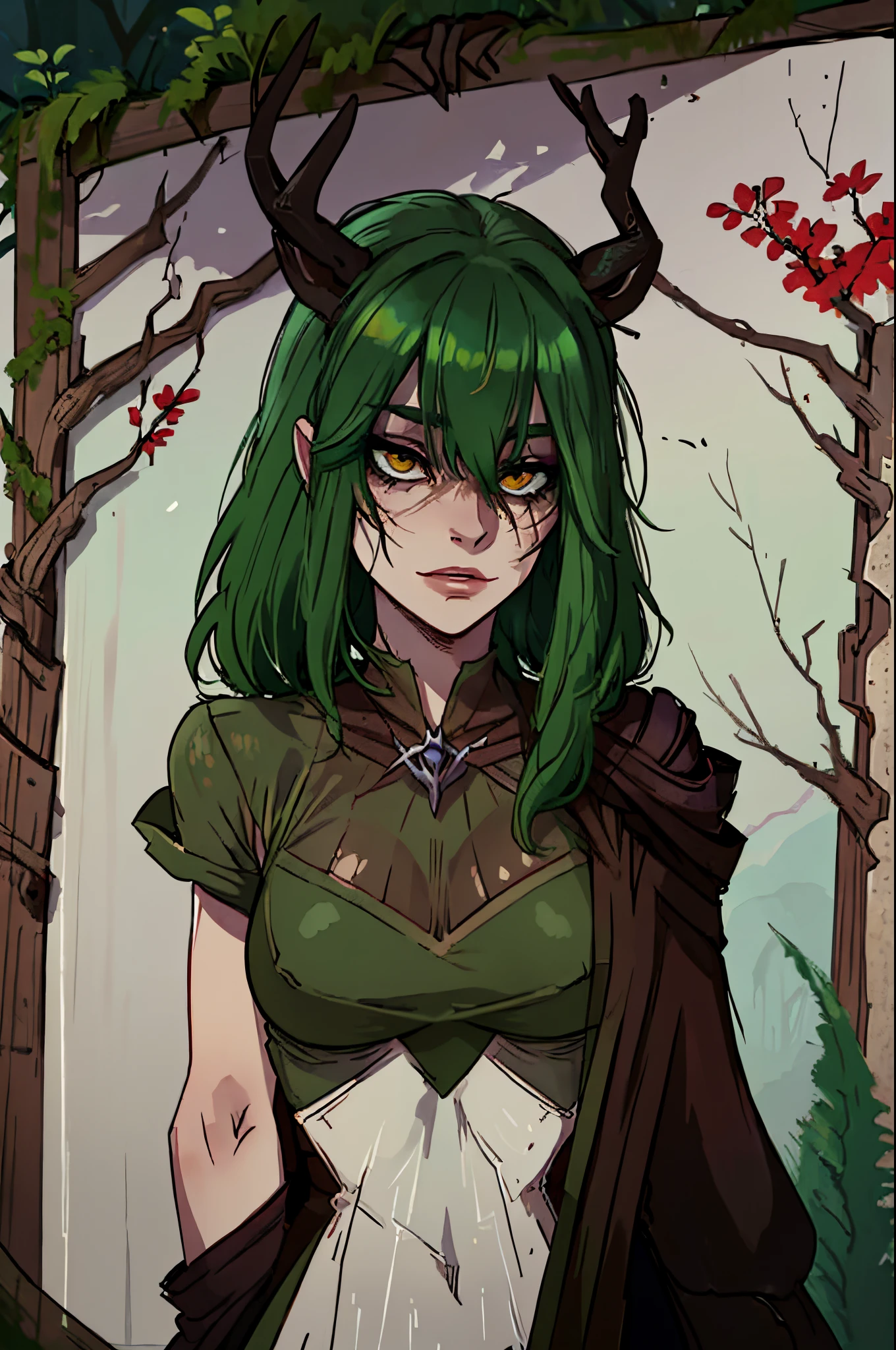 Masterpiece, best quality, portrait, female, fair skin, green hair, large deer antlers, female leshen from witcher tales, beautiful, forest background, bone jewelry, rustic coffee color clothes decorated with bones and death deer skulls, ripped, death spirit, detailed, creepy, full covered clothes, full clothed