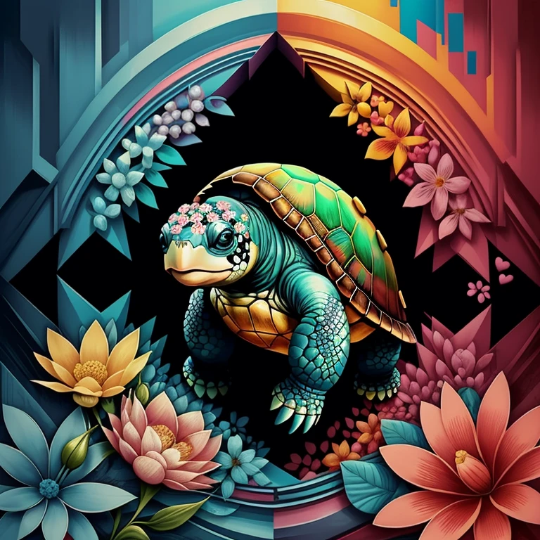 ((|) (cute turtle with flowers and hearts) stylized identical to 1940 |)), acolchoamento ,multidimensional geometric wall PORTRAIT, arte, Chibi,
Yang016K, lindo,(( cor vermelha predominante, azul e branco))
Primary works, qualidade superior, melhor qualidade, Arte Oficial, Beautiful and Aesthetic,),  Eduardo Kobra acolchoamento ,multidimensional geometric wall PORTRAIT, arte, Chibo,detalhes