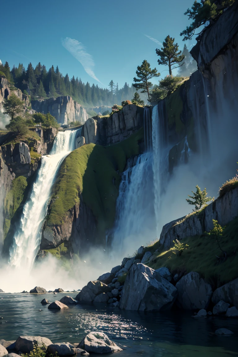 Cliff overlooking the waterfall, Several arched stones at the top, Matte Painting 8K, Matte Paint 8K, Vertical wallpaper 8K, Vertical wallpaper 8K, Vertical wallpaper 4K, Vertical wallpaper 4K, Lost Series, Realistic fantasy rendering, 8k resolution digital painting, 8k resolution digital painting,  jessica rossier fantasy art, 4K rendered matte paint, 3D rendered matte paint