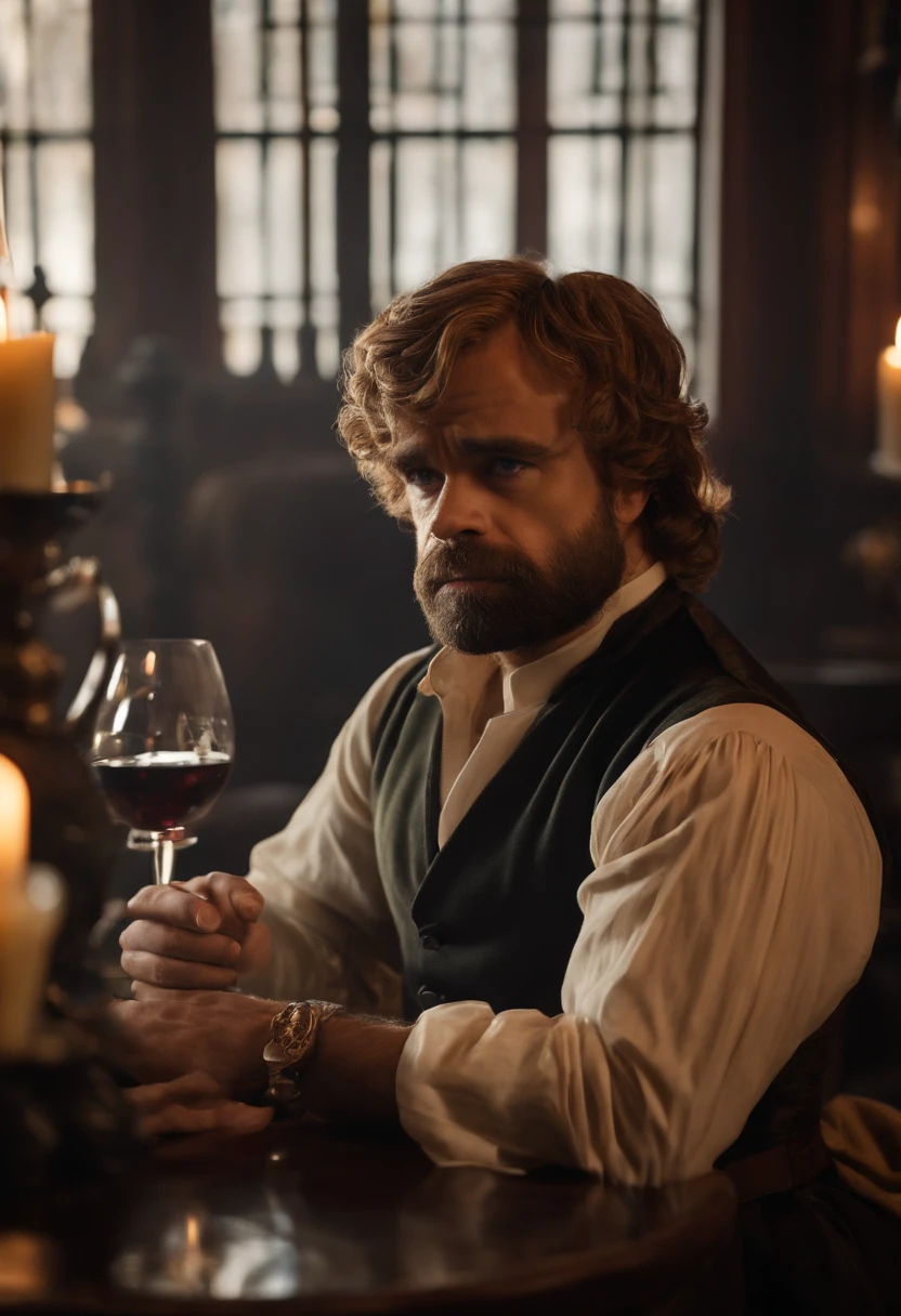 The image is of Tyrion sitting at a cozy table in a bustling tavern, surrounded by books and a glass of wine.,Game of Thrones TV series,Tyrion Lannister, a prominent character from “Game of Thrones,” is distinctive for his short stature due to dwarfism, but he more than compensates with his sharp, expressive eyes and a charismatic, knowing smile. His appearance is further characterized by his well-groomed beard and hair, alongside rich, finely tailored clothing that reflects his high-born status., male