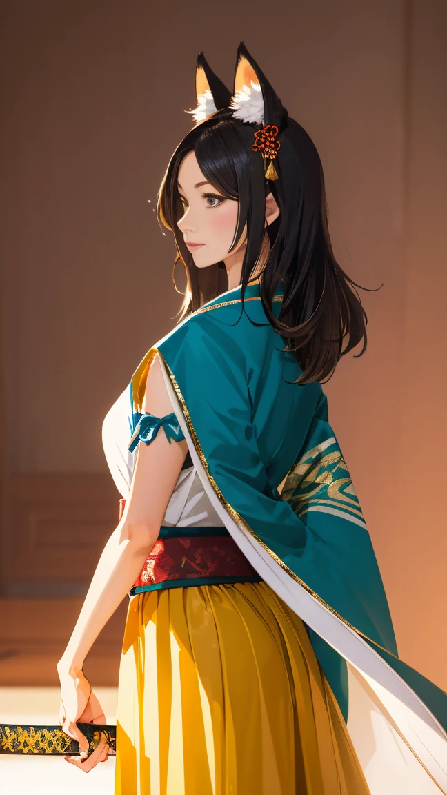 (((Looking away:1))), ((Look at another one:1)), fox incarnation、(Sexy Female Warrior)、Japan Yokai、Sexy fox female warrior with a Japanese sword、Fox ears、A figure holding a beautiful sword