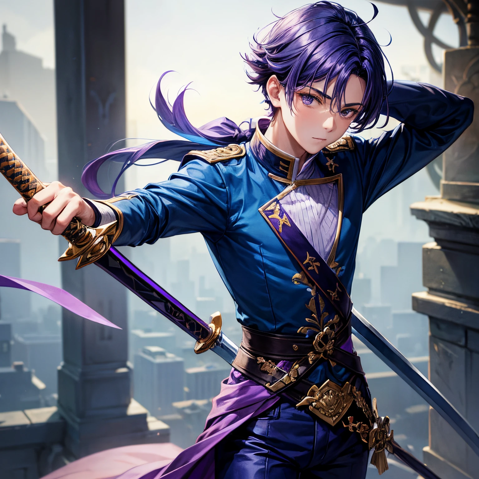 A boy with a sword blue blouse purple hair and blue pants