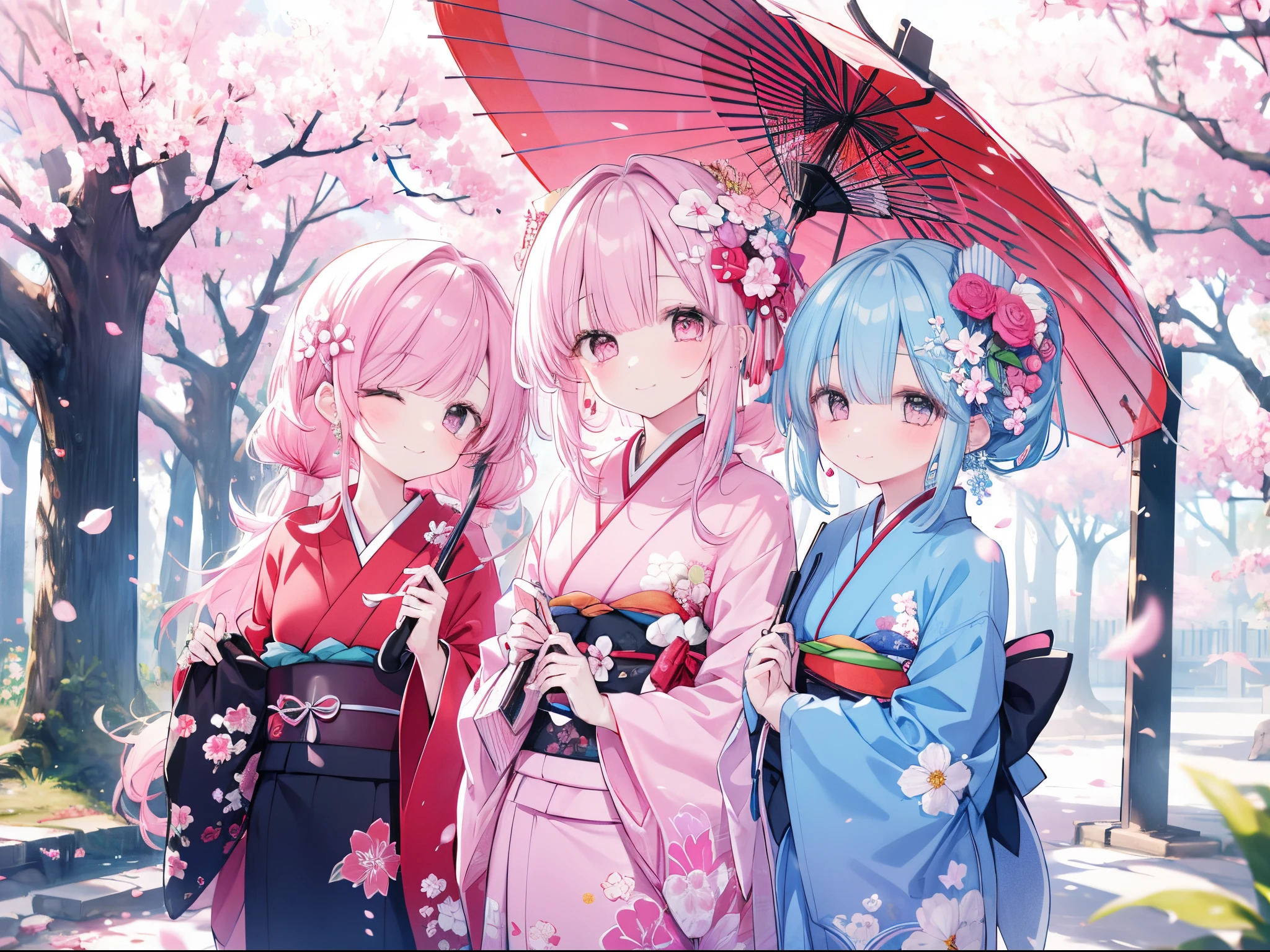 there are two girls that are standing underneath the trees and holding flags and umbrellas, oil-paper umbrella, multiple girls, umbrella, pink hair, kimono, japanese clothes, flower, hair flower, closed eyes, holding umbrella, hair ornament, sash, holding, white kimono, smile, cherry blossoms, obi, petals, pink kimono, closed mouth, wide sleeves, floral print, pink flower, bangs, long sleeves, white flower