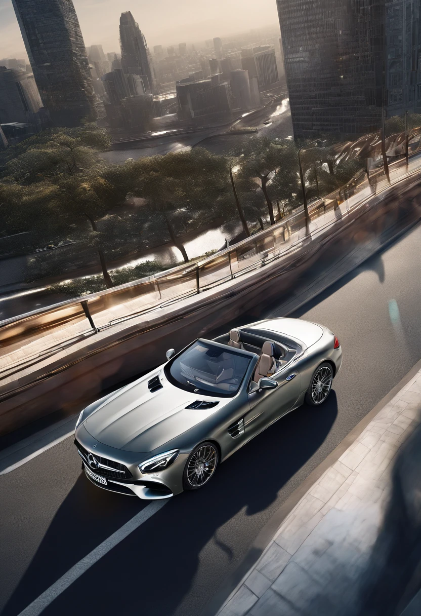 an AMG SL Cabrio seen from above, navigating through a bustling city, detailed with reflections of towering skyscrapers on its polished exterior, the driver's hand gripping the leather steering wheel, capturing the dynamic essence of urban life in a finely crafted isometric scene