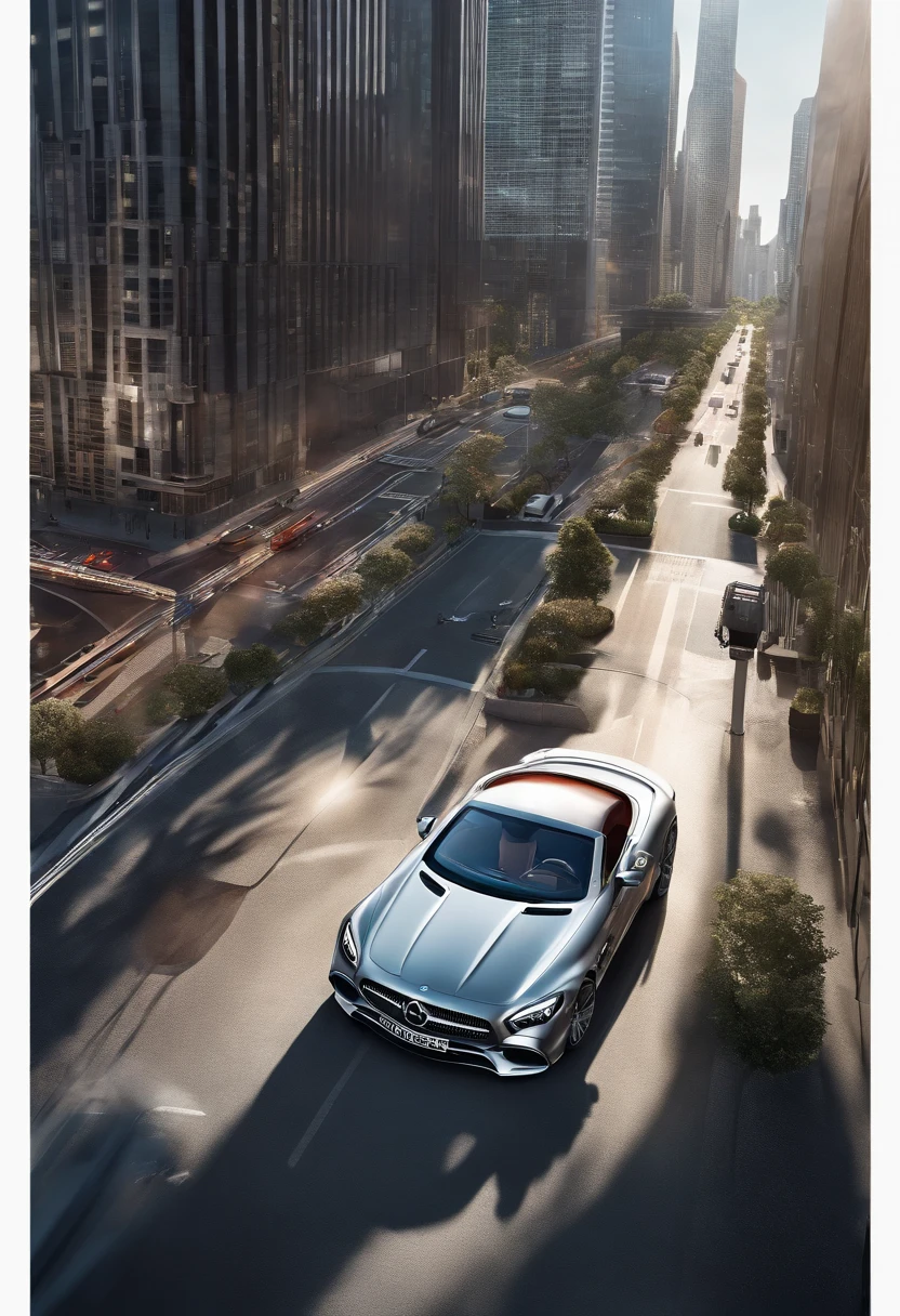 an AMG SL Cabrio seen from above, navigating through a bustling city, detailed with reflections of towering skyscrapers on its polished exterior, the driver's hand gripping the leather steering wheel, capturing the dynamic essence of urban life in a finely crafted isometric scene
