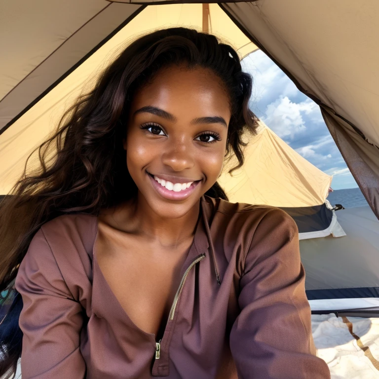 Beautiful brown youthful woman with breathtaking smile camping on cloudy day,She takes a selfie from the top,She's having((detailed skin textures)),realistic skin textures,((big brown eyes))and cute lips,Petite young woman wearing glamping outfit