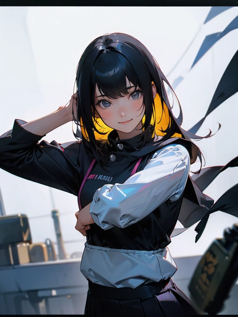 (1girl in:1.3), (Photorealistic:1.4), (masutepiece, of the highest quality, Best Quality, Official art), ighly detailed, highest details, (Ultra-detailed), ((extremely delicate and beautiful)), Cinematic Light, Contemporary, Silky long hair, (Black hair), Dystopian background, in the evening, hoody, Skirt, Upper body, Smile, (viewer'Perspective:1.4), 23 years old