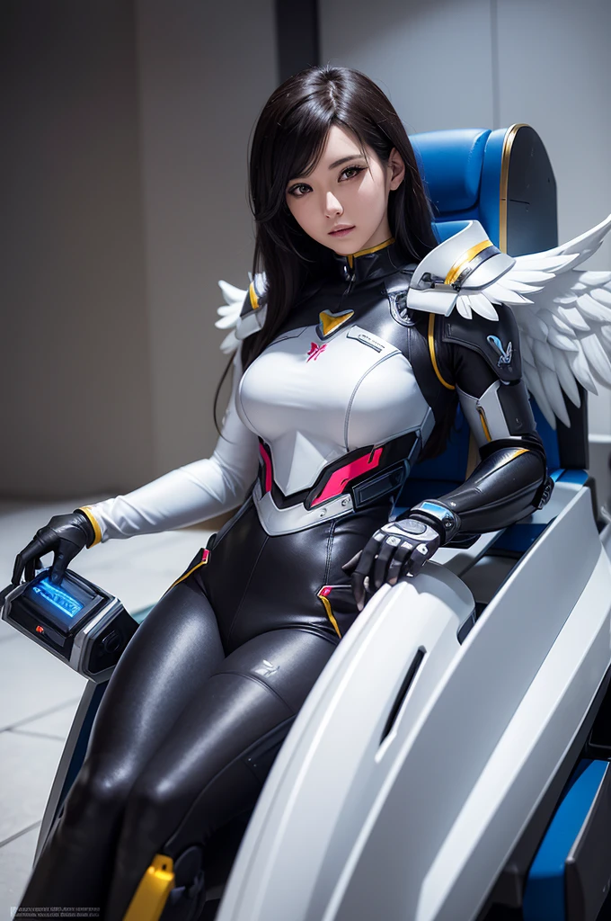 mujer con un disfraz con alas, 25 years old, misericordia ( Overwatch ), Misericordia de Overwatch, Mercy del juego Overwatch (2016), cosplay profesional, cosplay, beautiful cyborg angel girl, angel knight girl, Inspirado en Overwatch, como personaje de Overwatch, Tron Angel, cosplay completo, angel in plastic armor, Futuristic robot angel, Anime de cosplay, angelical, cuerpo completo.