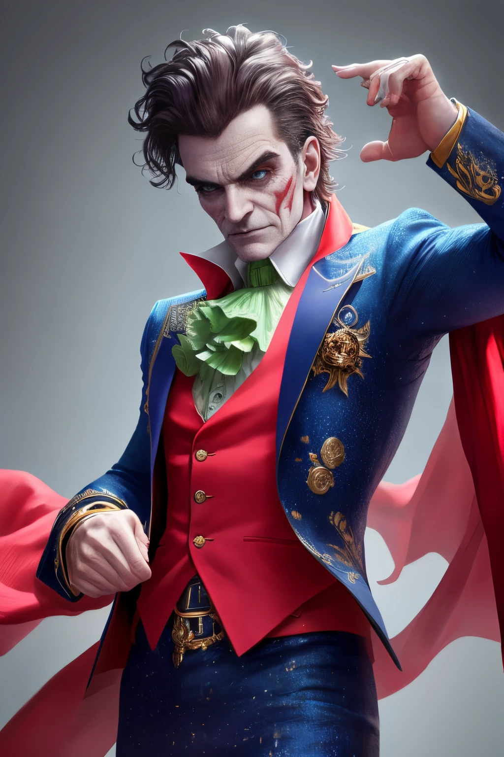 (8k, RAW photo, best quality, masterpiece:1.2), ultra detailed, official art, photo-realistic:1.37, upper body shot, DC Joker, film grain, action pose