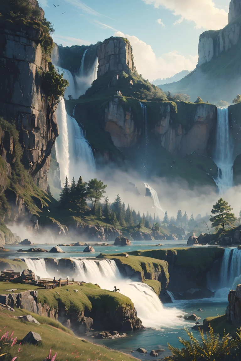 Cliff overlooking the waterfall, Several arched stones at the top, Matte Painting 8K, Matte Paint 8K, Vertical wallpaper 8K, Vertical wallpaper 8K, Vertical wallpaper 4K, Vertical wallpaper 4K, Lost Series, Realistic fantasy rendering, 8k resolution digital painting, 8k resolution digital painting,  jessica rossier fantasy art, 4K rendered matte paint, 3D rendered matte paint