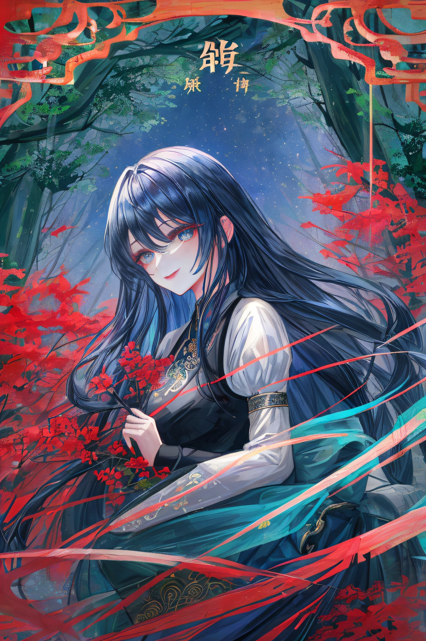 1 girl in、Adult,Black Long Hair、Blue Eye、Looking at the camera、delicate finger、beautiful ilumination、Black Blue Cheongsam、Red Lipstick，Smile、((historical forest background))、(High resolution of the highest quality)、((Masterpieces of the highest quality:1.2))