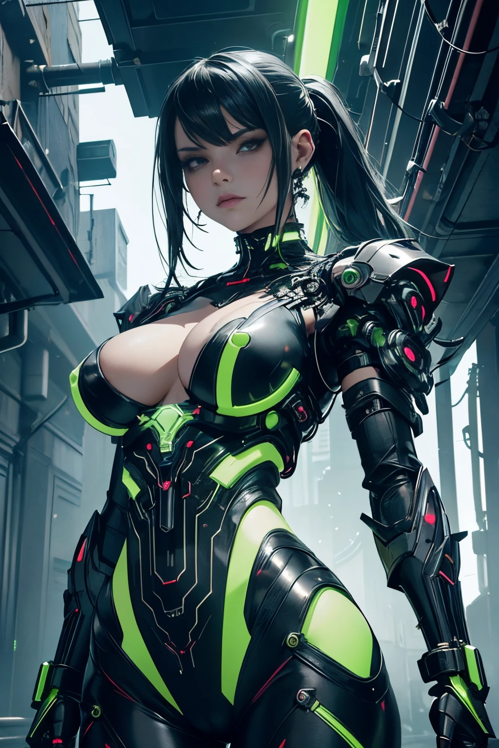 Beautiful Alluring Cyborg cybergoth female,Metal Chrome Bare Skin, Athletic Well Toned Body, exposed green fluorescent mechanical parts and wires, gunmetal mechanical limbs, glowing mechanical green parts, machine and human, wires instead of hair, In an undergound club, posing, Barely Clothed, glowing neon parts, Cyberpunk Theme, Cybergoth theme, Beautiful D&D Character Portrait, Beautiful Face, Ominous, Dark Fantasy, Fiverr Dnd Character, Octane Render, Digital Art, Extreme Detail, 4k, Ultra Hd, Polished, Beautiful, Hyperdetailed, Intricate, Elaborate, Meticulous, Photorealistic, Sharp Focus, Wlop, Character Design, Unreal Engine, 3d Rendered, Volumetric Lighting, Reflections, Glossy, Digital Illustration, Sensual Pose, Suggestive Pose, Full Body Shot, 💖❤💕💋❣