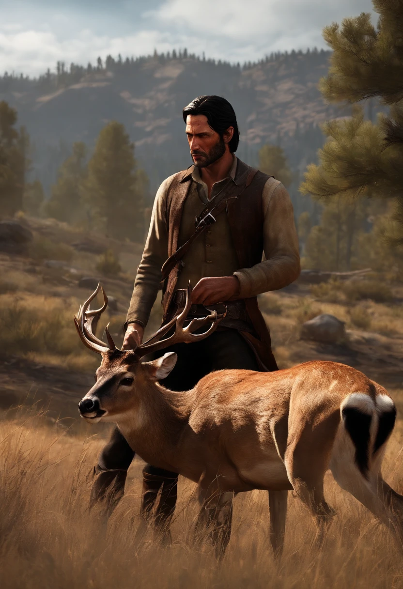 A picture of John butchering a freshly hunted deer for meat.,Red Dead Redemption,A man with shoulder-length black hair he has swept back. Black stubble. Mid-thirties. Half of his face has claw mark scars. , male