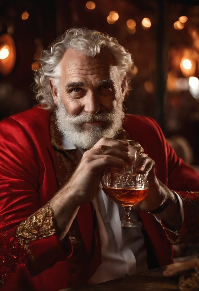 A photo of Bad Santa sitting at a dimly lit bar, holding a glass of bourbon in his hand.,original,His iconic red suit, now disheveled and stained, reflects a life marred by neglect and vice. The once neatly-groomed white beard is unkempt, and his eyes, historically a source of merry twinkle, are bloodshot and weary. The robust and cheerful figure we know is replaced by a more haggard and careworn man, who carries the weight of his struggles visibly., male