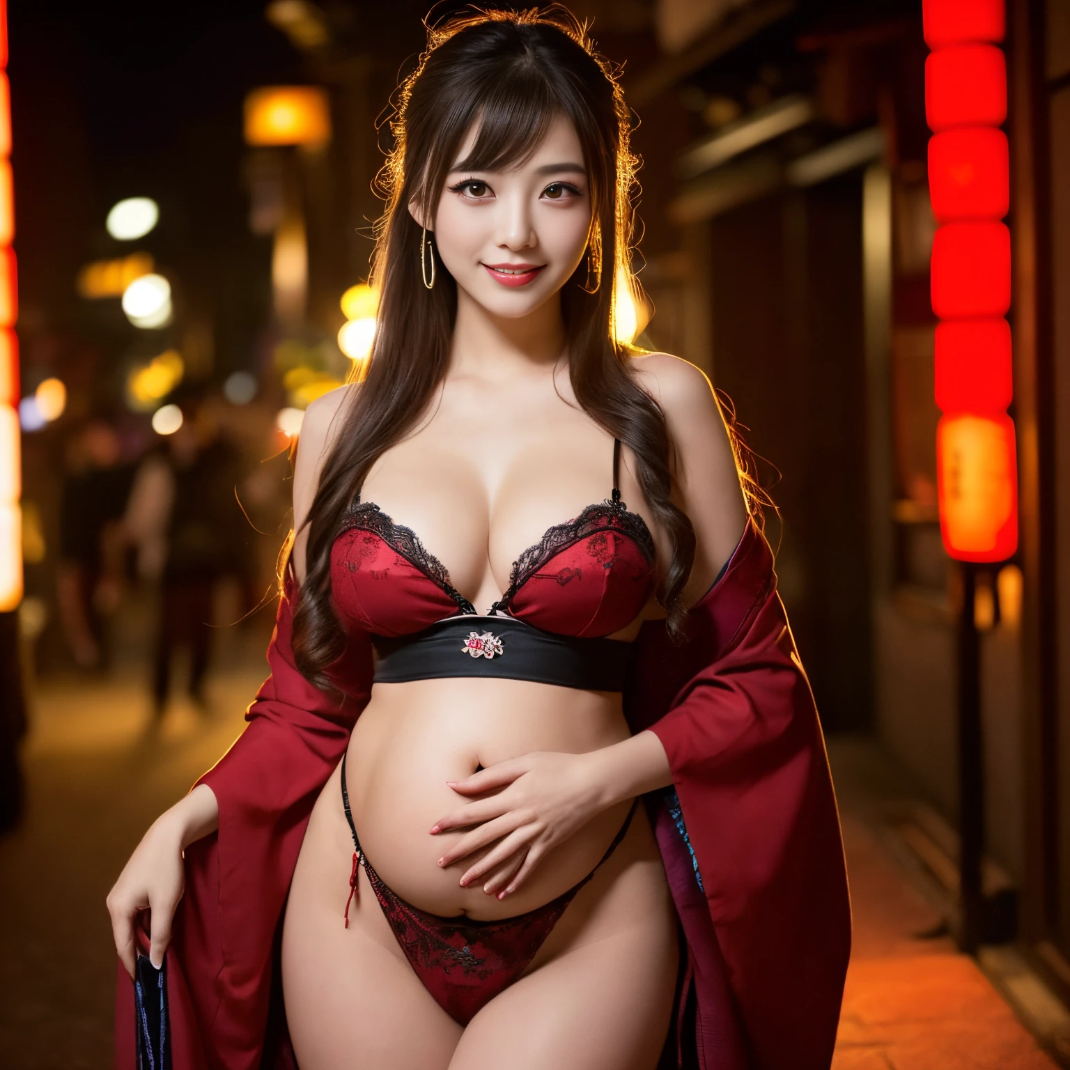 ((top-quality、masutepiece、8K、Top image quality、Highly complex and detailed depictions))、(Upper body photo of Japanese prostitute:1.3)、Gorgeous medieval Japanese red light district、Pregnancy、Slightly bulging belly、clothes that cover the stomach、the most luxurious prostitute costume、((The most beautiful medieval Japanese prostitute costumes、The most luxurious medieval Japanese prostitute costumes、The most luxurious and obscene red-light district、An unimaginably huge entertainment district、A very luxurious and obscene red-light district in medieval Japan、A huge red light district in medieval Japan at midnight、Very complex decoration)、(View me、Bewitching smile、long eyelashes、Perfect makeup、lipsticks、A slight smil)、(perfect anatomia:1.2)、(Depth of field is deep:1.5)、(Detailed and intricate red light district background:1.3)、(A vivid backdrop of the obscene medieval Japanese red-light district:1.3)、(spectacular movie lighting、romantic warm lighting)、(romantic mood night:1.1)、(Perfectly recreate the atmosphere of medieval Japan&#39;s red-light district:1.3)、(obscene entertainment district:1.1)、(Obscene mood 1.1)、Wandering girl、mistress、concubine、whore、whore、prostitute、Prostitutes