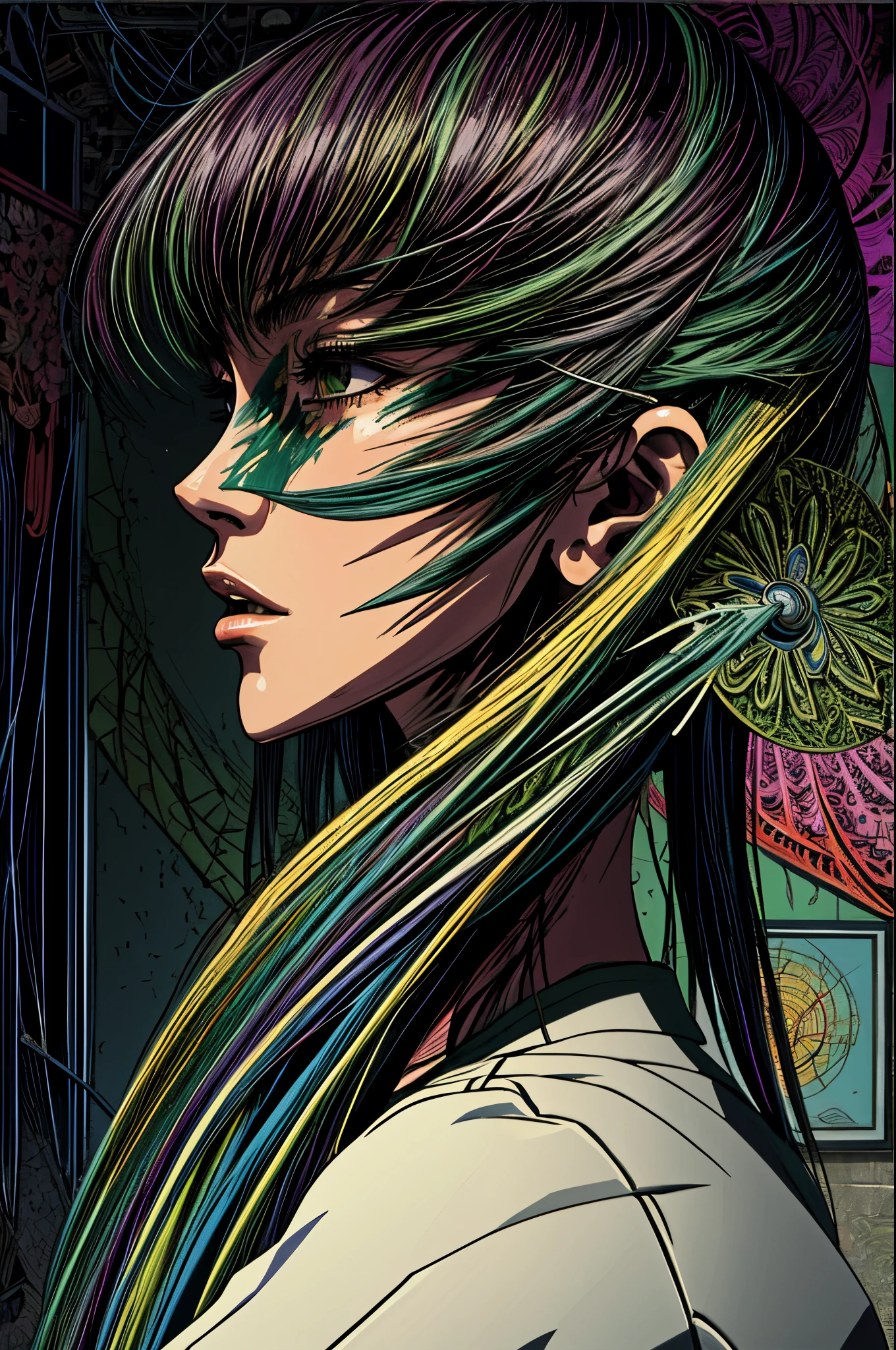 official art, unity 8k wallpaper, ultra detailed, beautiful and aesthetic, masterpiece, best quality, (zentangle, mandala, tangle, entangle), (fractal art:1.3) , 1girl, extremely detailed, dynamic angle, cowboyshot, the most beautiful form of chaos, elegant, a brutalist designed, vivid colours, romanticism, by james jean, roby dwi antono, ross tran, francis bacon, michal mraz, adrian ghenie, petra cortright, gerhard richter, takato yamamoto, ashley wood, atmospheric, ecstasy of musical notes, streaming musical notes visible