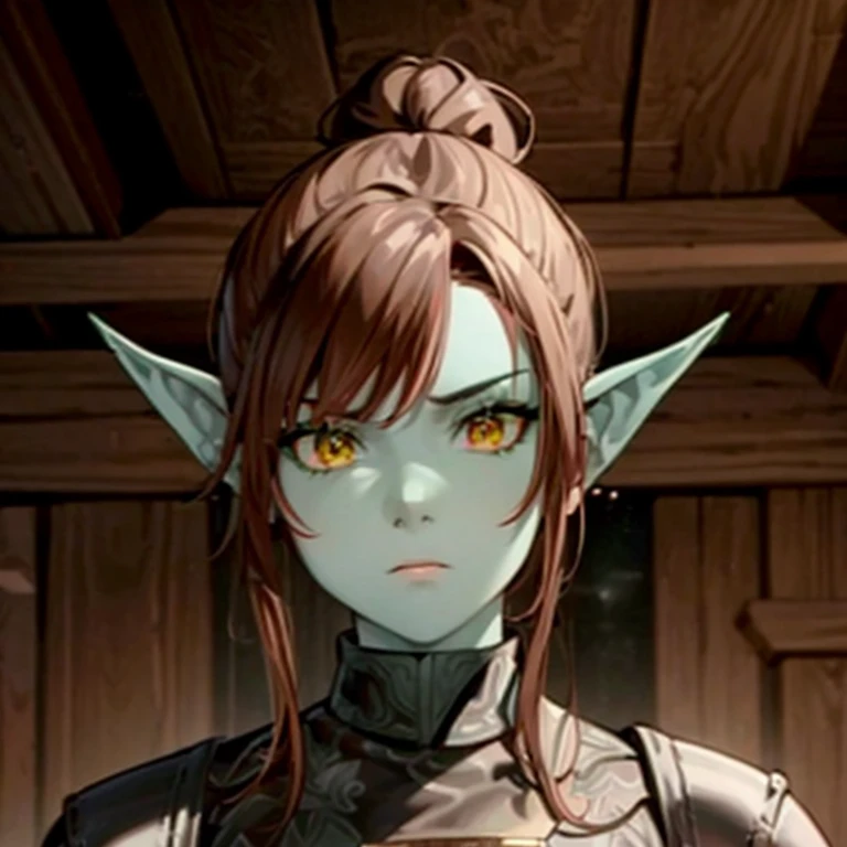 high detailed 1girl, (goblin:0.7), green_skin, black_hair hair_bun single_hair_bun, serious, (yellow_eyes), (animal_nose:1.2), pointed_ears, simple_background, female_focus, final fantasy tactics, vox machina style