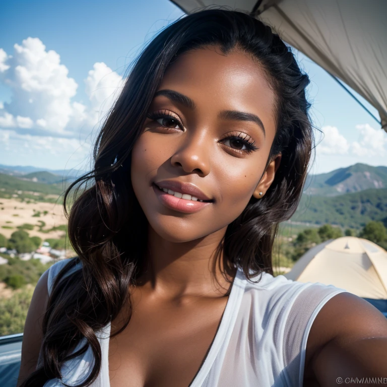 Beautiful brown youthful woman with breathtaking smile camping on cloudy day,She takes a selfie from the top,She's having((detailed skin textures)),realistic skin textures,((big brown eyes))and cute lips,Petite young woman wearing glamping outfit,ashanti