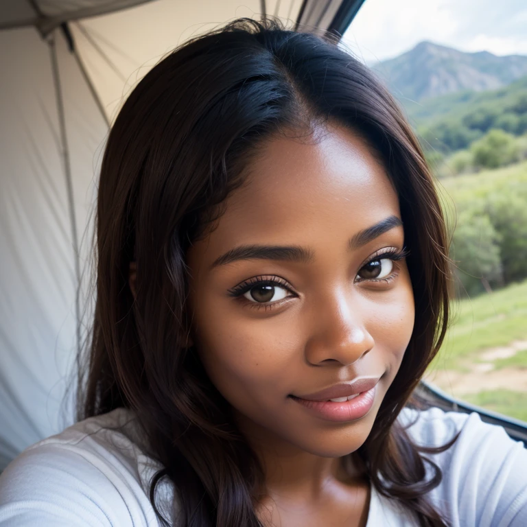Beautiful brown youthful woman with breathtaking smile camping on cloudy day,She takes a selfie from the top,She's having((detailed skin textures)),realistic skin textures,((big brown eyes))and cute lips,Petite young woman wearing glamping outfit,ashanti