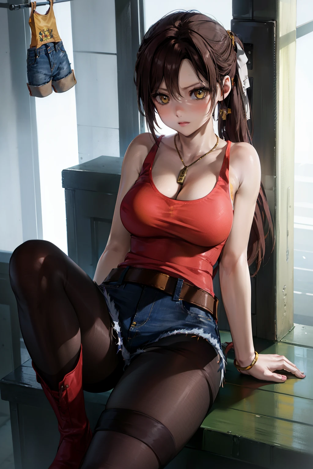 masutepiece, Best Quality, 1girl in, (Claire Redfield), Brown hair, (Yellow eyes:1.2),(Tank Tops)、((Denim shorts))、((pantyhose))、((Short boots))、length hair、poneyTail