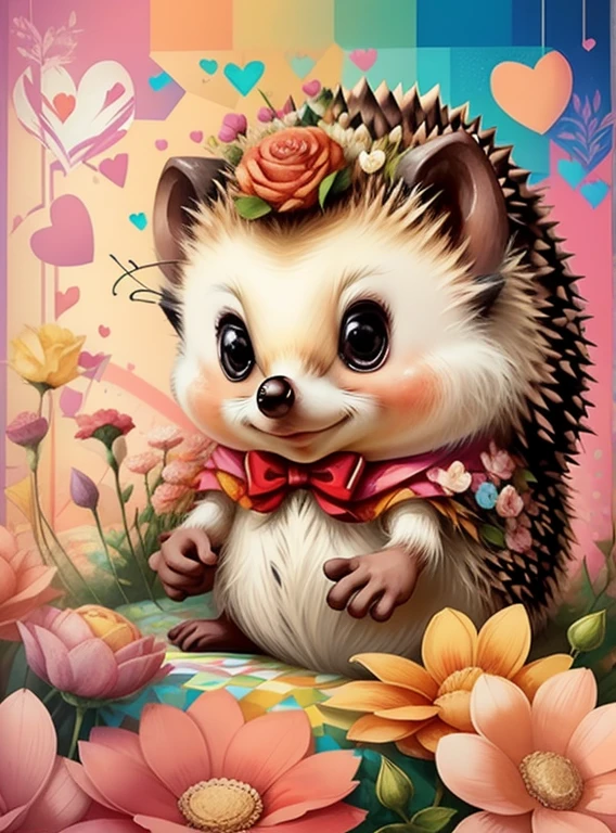 ((|) (cute baby hedgehog with flowers and hearts) stylized identical to 1940 |)), acolchoamento ,multidimensional geometric wall PORTRAIT, arte, Chibi,
Yang016K, lindo,(( cor vermelha predominante, rosa e branco))
Primary works, qualidade superior, melhor qualidade, Arte Oficial, Beautiful and Aesthetic,),  Eduardo Kobra acolchoamento ,multidimensional geometric wall PORTRAIT, arte, Chibo,detalhes