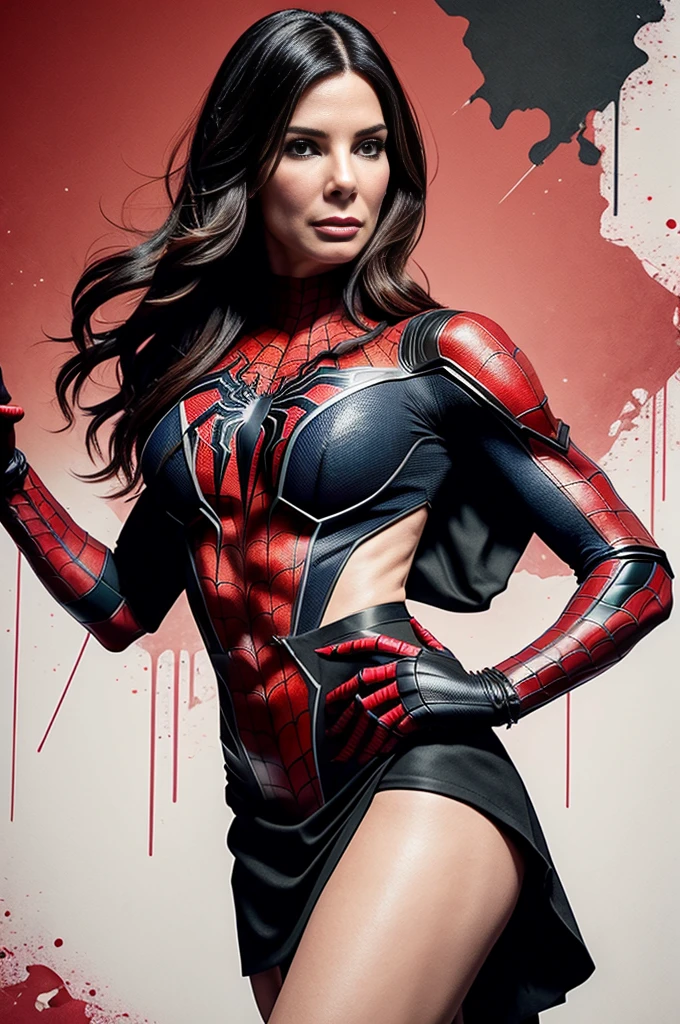 sandra bullock、Sticking out the navel、newyork、She wears a torn Spider-Man suit,wearing skirt、 Red and black color scheme,Dynamic、masterpiece、top-quality、ultra-detailliert、ighly detailed、beautiful detailed brilliance、超A high resolution