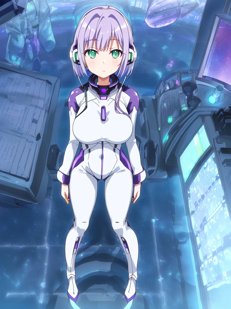 ​masterpiece:1.4, 1girl in ((20yr old, Wearing a futuristic white and silver costume, Tight Fit Bodysuit, long boots, Very gigantic-breasts, (Colorful purple hair,):1.3 short bob, Perfect model body, Green eyes:1.2, Wearing headphones, Looking out the window of the futuristic sci-fi space station、While admiring the beautiful galaxy:1.2, SFSF control room on night background:1.1, Neon and energetic atmosphere:1.2)) ((Galaxy))
