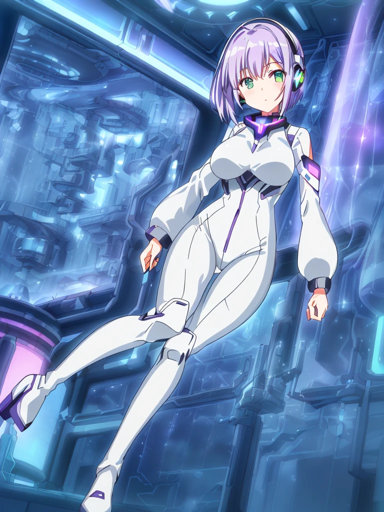 ​masterpiece:1.4, 1girl in ((20yr old, Wearing a futuristic white and silver costume, Tight Fit Bodysuit, long boots, Very gigantic-breasts, (Colorful purple hair,):1.3 short bob, Perfect model body, Green eyes:1.2, Wearing headphones, Looking out the window of the futuristic sci-fi space station、While admiring the beautiful galaxy:1.2, SFSF control room on night background:1.1, Neon and energetic atmosphere:1.2)) ((Galaxy))