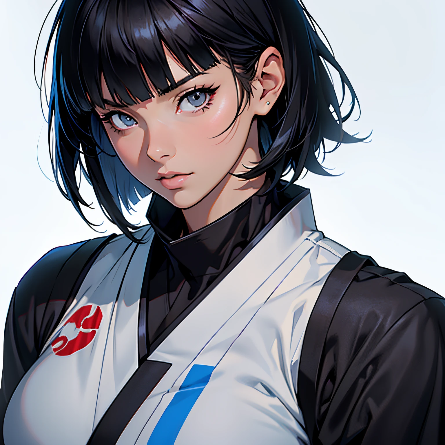 anime image of an adult woman with black hair, short hair, bangs, blind, 1woman, solo woman, anime beautiful woman, female anime character, head shot, close up shot, simple background, ninja clothing, japanese clothing, dark clothing