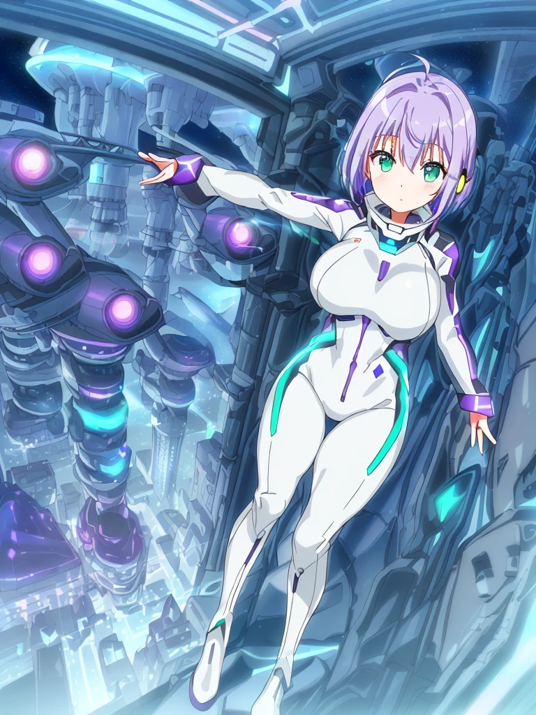 ​masterpiece:1.4, 1girl in ((20yr old, Wearing a futuristic white and silver costume, Tight Fit Bodysuit, long boots, Very gigantic-breasts, (Colorful purple hair,):1.3 short bob, Perfect model body, Green eyes:1.2, Wearing headphones, Looking out the window of the futuristic sci-fi space station、While admiring the beautiful galaxy:1.2, SFSF control room on night background:1.1, Neon and energetic atmosphere:1.2)) ((Galaxy))