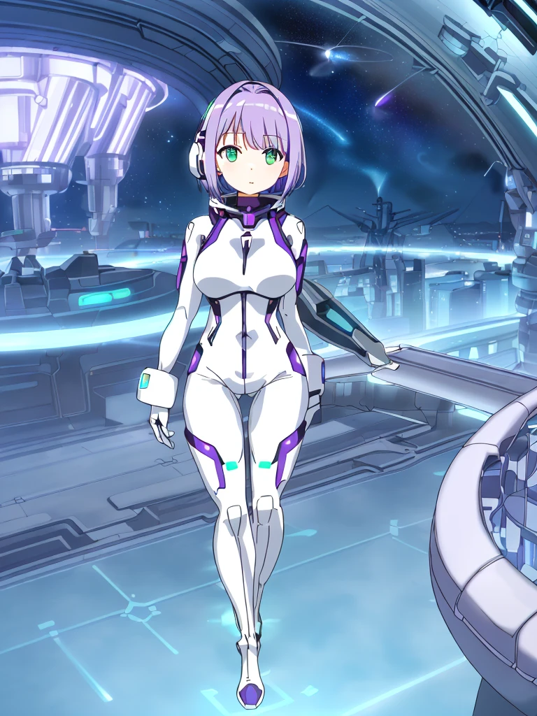 ​masterpiece:1.4, 1girl in ((20yr old, Wearing a futuristic white and silver costume, Tight Fit Bodysuit, long boots, Very gigantic-breasts, (Colorful purple hair,):1.3 short bob, Perfect model body, Green eyes:1.2, Wearing headphones, Looking out the window of the futuristic sci-fi space station、While admiring the beautiful galaxy:1.2, SFSF control room on night background:1.1, Neon and energetic atmosphere:1.2)) ((Galaxy))