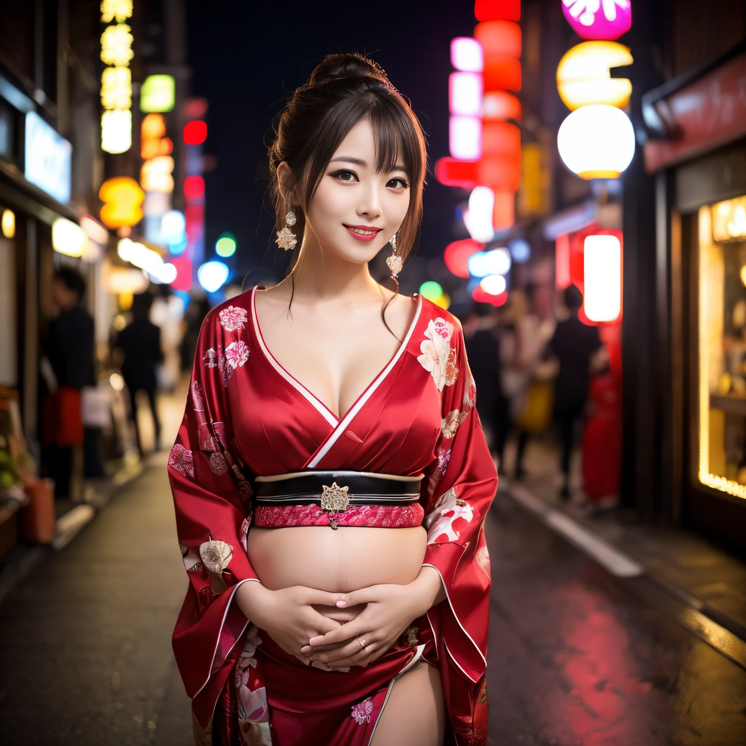 ((top-quality、masutepiece、8K、Top image quality、Highly complex and detailed depictions))、(Upper body photo of Japanese prostitute:1.3)、Gorgeous medieval Japanese red light district、Pregnancy、Slightly bulging belly、clothes that cover the stomach、the most luxurious prostitute costume、((The most beautiful medieval Japanese prostitute costumes、The most luxurious medieval Japanese prostitute costumes、The most luxurious and obscene red-light district、An unimaginably huge entertainment district、A very luxurious and obscene red-light district in medieval Japan、A huge red light district in medieval Japan at midnight、Very complex decoration)、(View me、Bewitching smile、long eyelashes、Perfect makeup、lipsticks、A slight smil)、(perfect anatomia:1.2)、(Depth of field is deep:1.5)、(Detailed and intricate red light district background:1.3)、(A vivid backdrop of the obscene medieval Japanese red-light district:1.3)、(spectacular movie lighting、romantic warm lighting)、(romantic mood night:1.1)、(Perfectly recreate the atmosphere of medieval Japan&#39;s red-light district:1.3)、(obscene entertainment district:1.1)、(Obscene mood 1.1)、Wandering girl、mistress、concubine、whore、whore、prostitute、Prostitutes