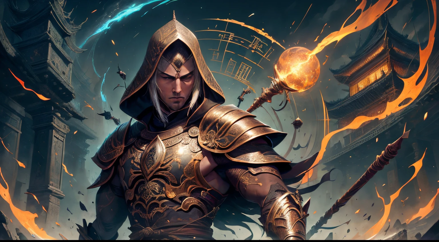 (Dramatic, corajoso, intenso:1.4),master part, melhor qualidade, 8k, detalhes insanos, detalhes intrincados, hiperdetalhado, hiper qualidade, High detail, ultra detalhado, master part, 1st ,Foco masculino,sozinho, segurando arma,Polearm Segurando,spear, armadura, breastplate,armadura de ombro, (corpo inteiro:1.5), cabelos longos,cabelos brancos,capacete,rabo-de-cavalo, (East Asian architecture, campo de batalha:1.4), A shot with tension(Impacto visual,giving the poster a dynamic and visually striking appearance:1.2),Chinese Zen style,imagem impactante,