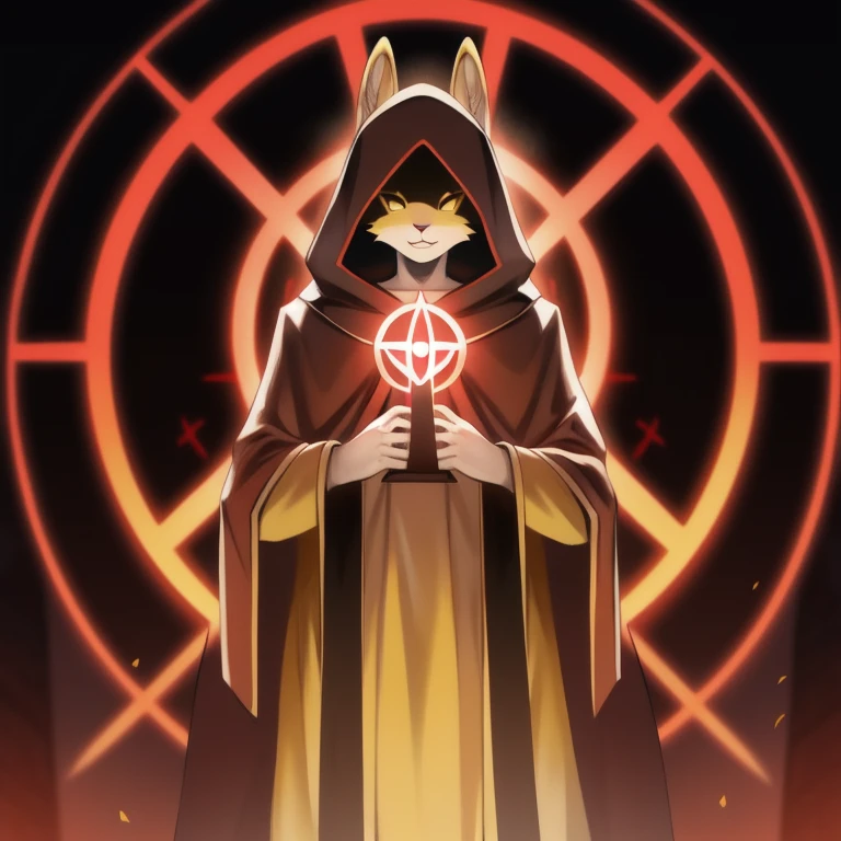 solo, male, rabbit, yellow colored fur, lean body, anthropomorphic rabbit, white robe, cultist hood, cult symbol on robe, purple eyes